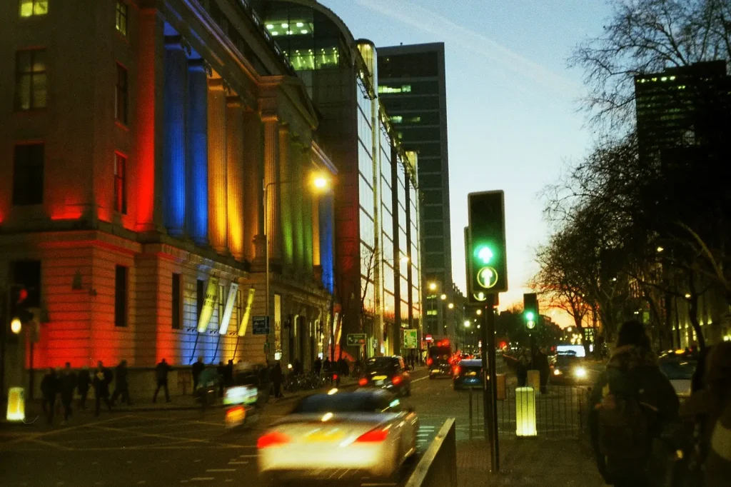 a colour photo at night of a London street