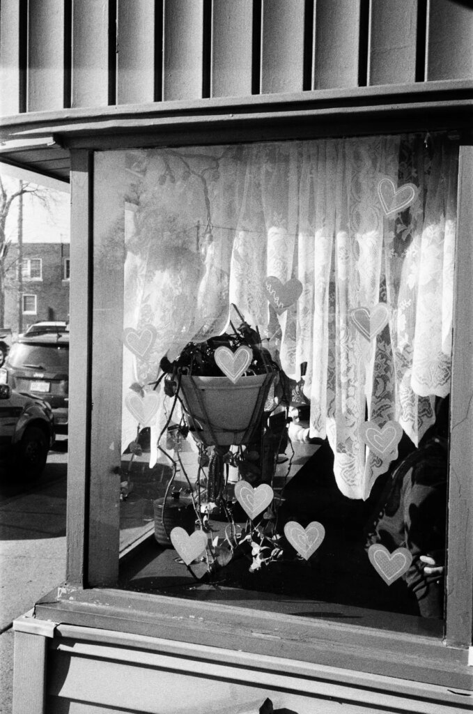 A flower basket hangs in a window outlined by paper hearts
