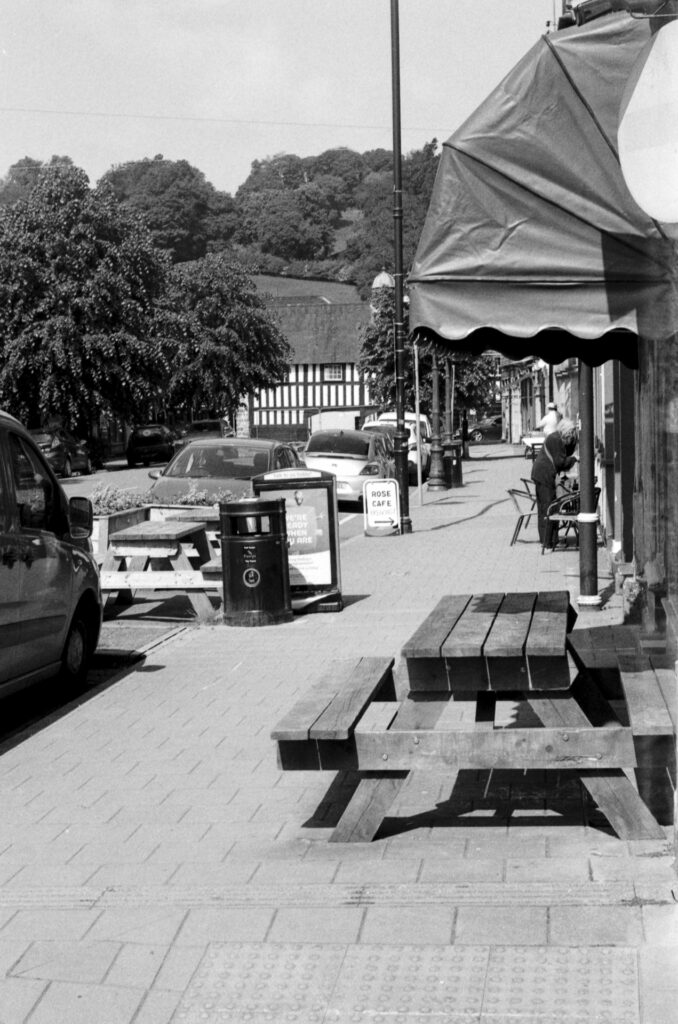 Black and white photograph of Llanidloes, Wales.