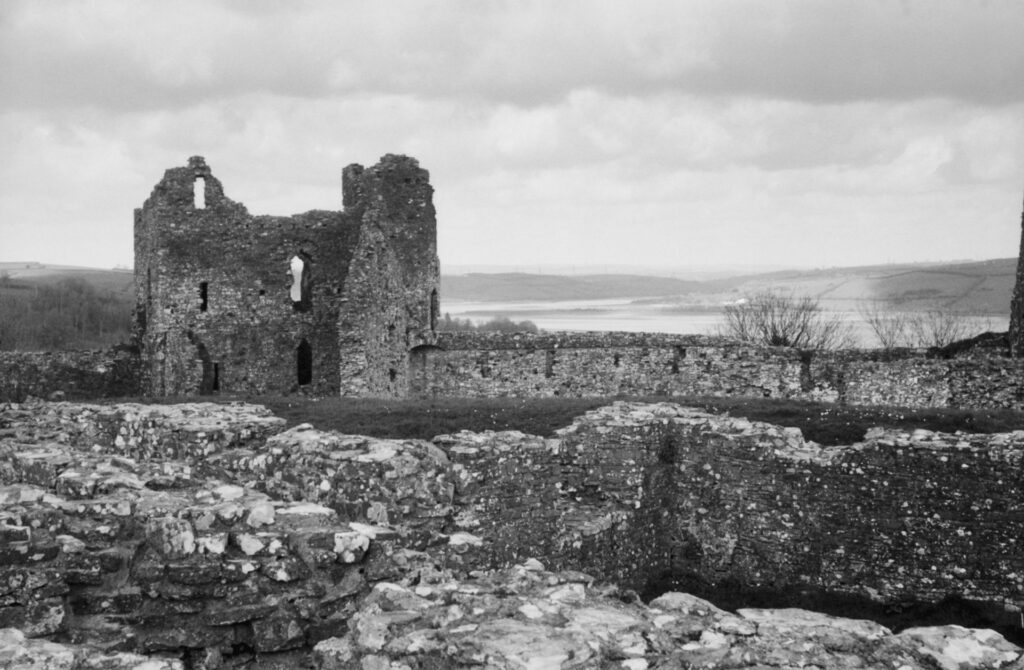 Black and white Photograph of Llansteffan Castle. Carmarthenshire, Wales.