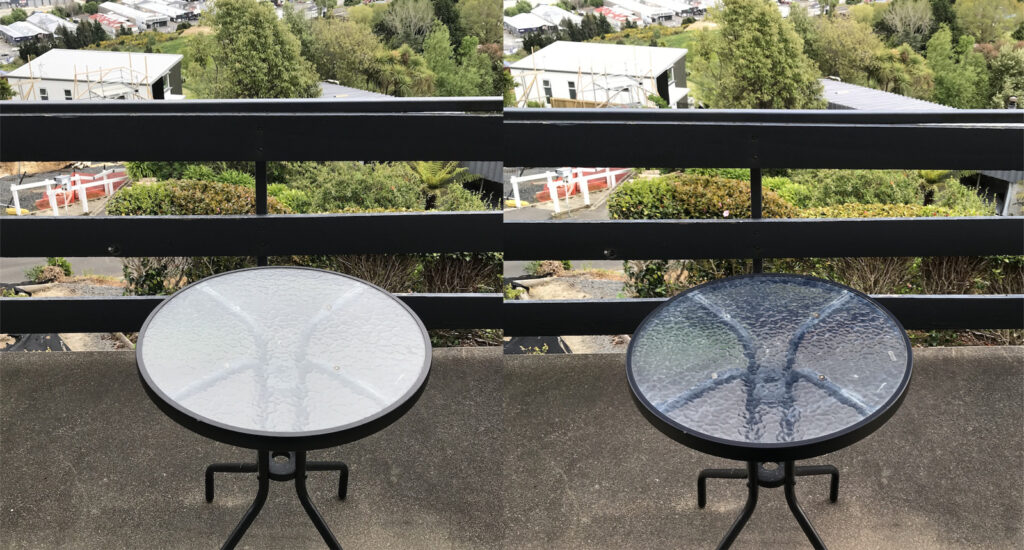 Examples with and without the polariser and its effect on glass surfaces.