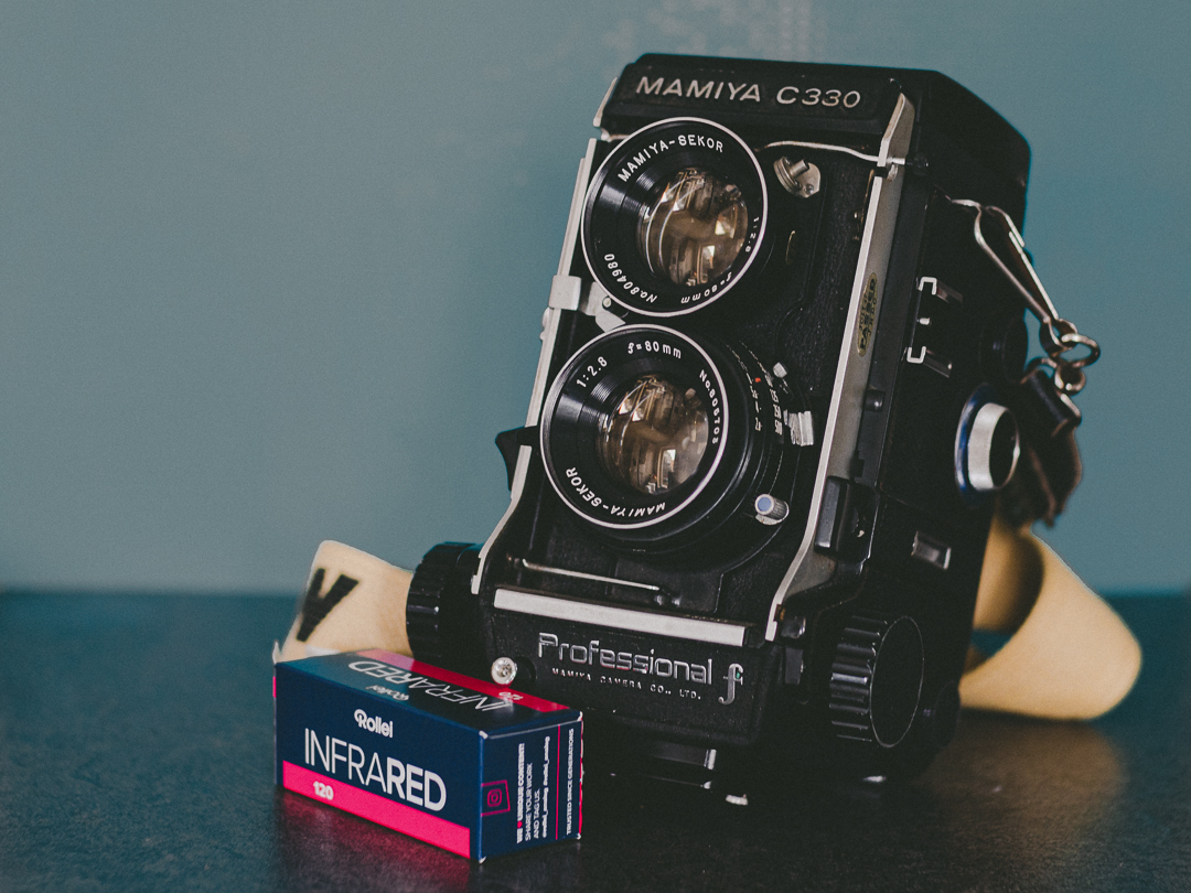 Mamiya C330 with a box of Rollei Infrared film