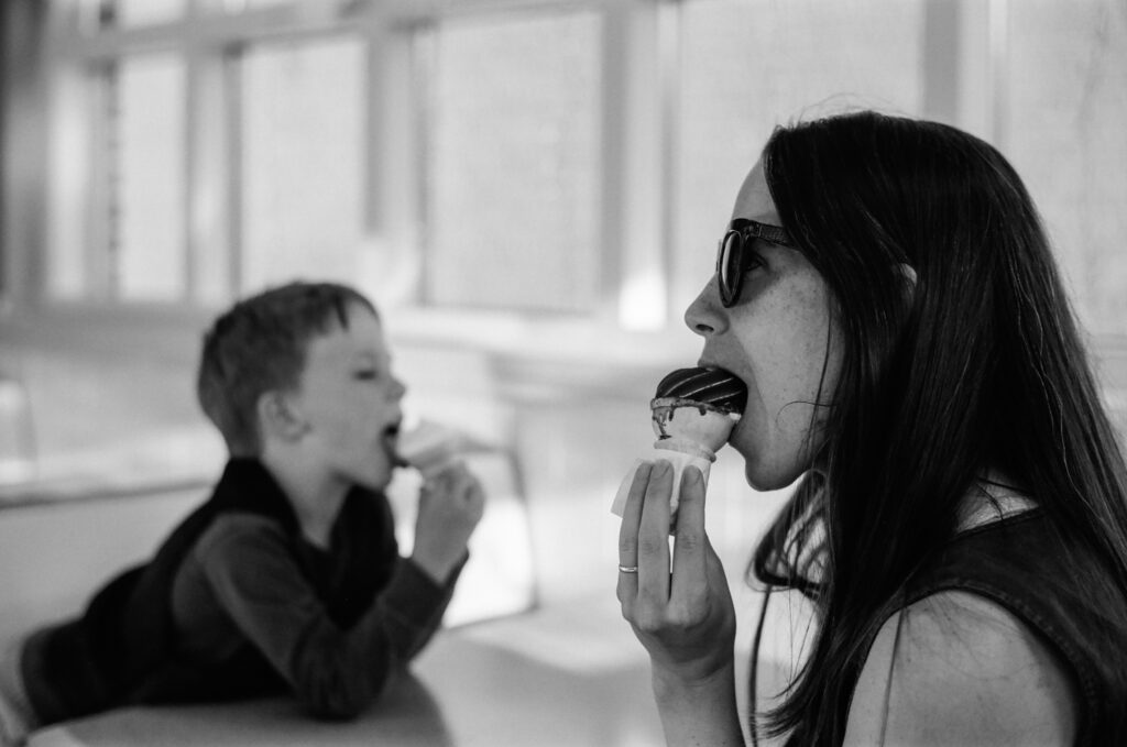 Wife and son eating ice cream.