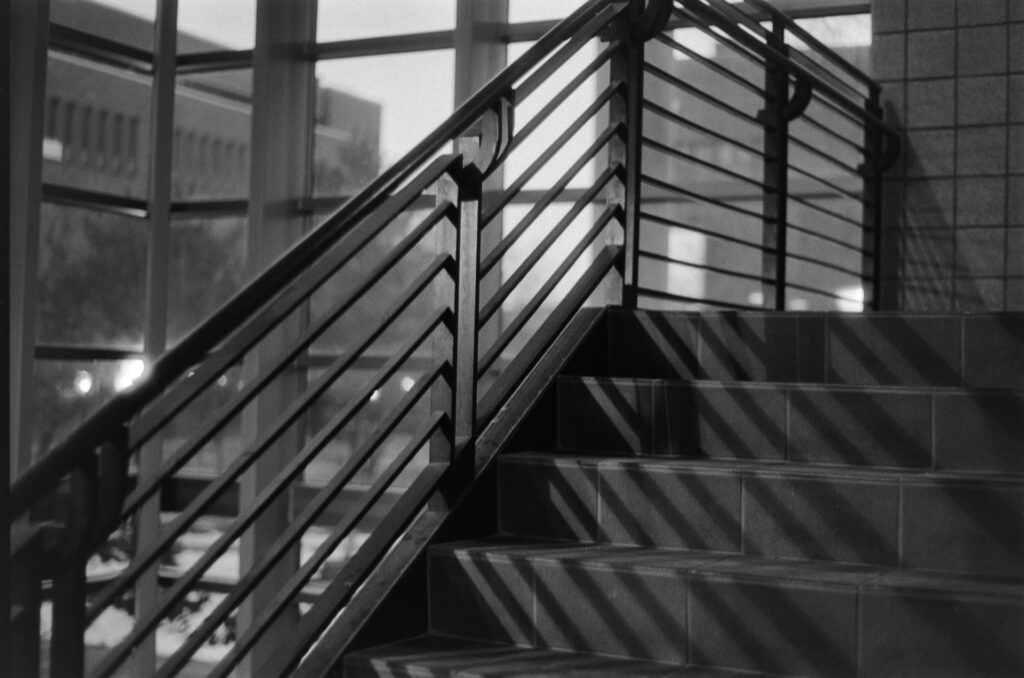 Black and white image of a staircase with iron railings with sharp shadows of the railings cast upon the stairs