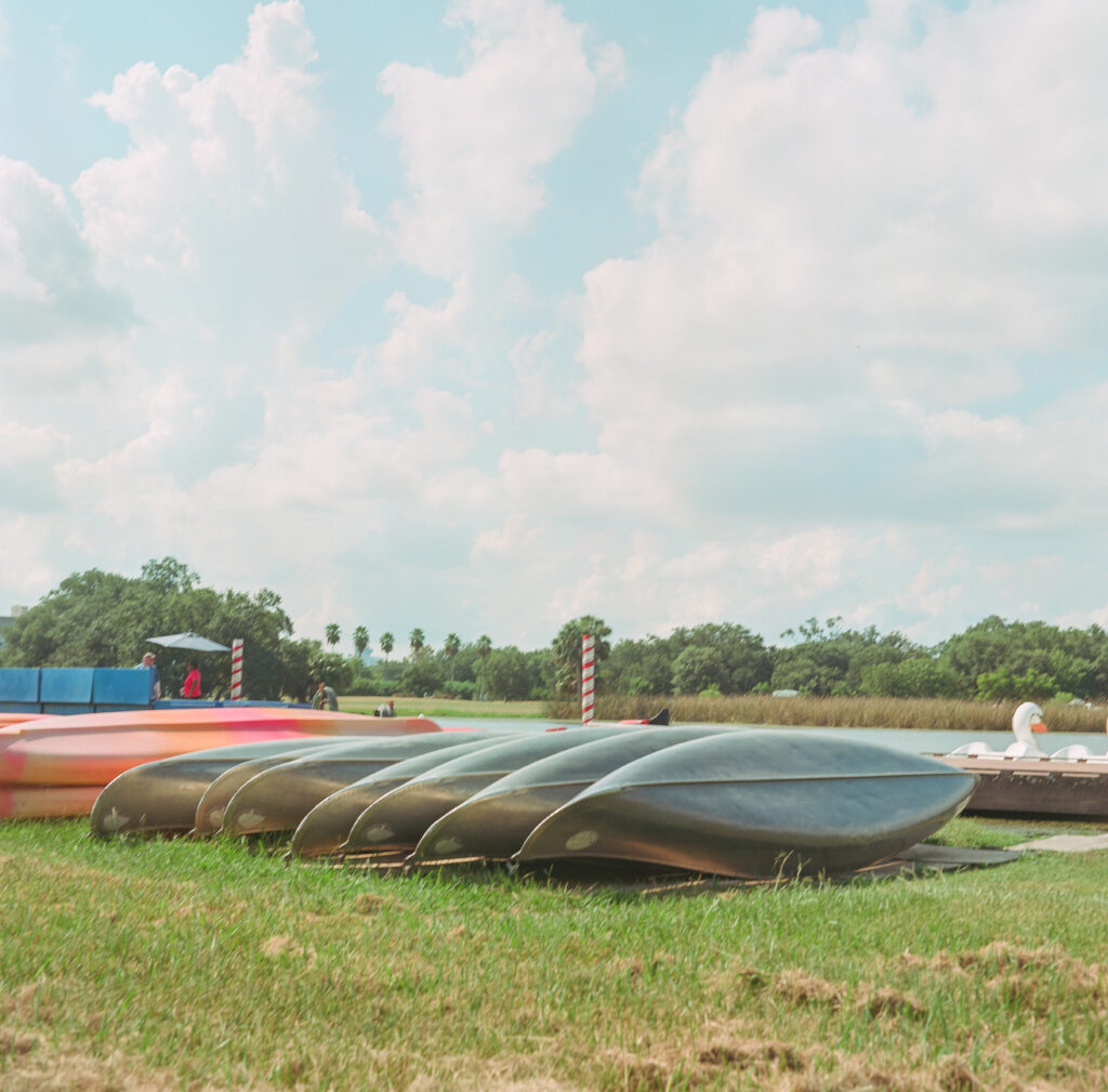 Rental canoes, kayaks, and pedal boats. Big Lake, New Orleans City Park. Minolta Autocord, Portra 160.