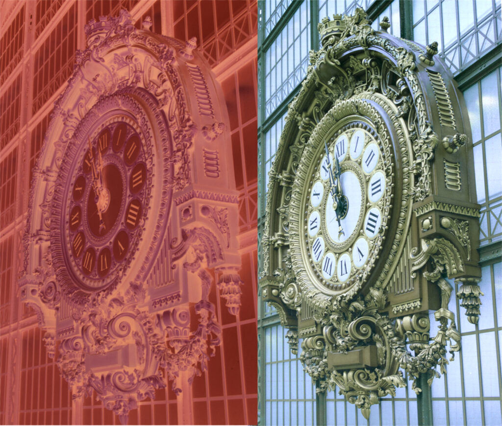 The station clock at the Gare Quai D’Orsay museum from 1990s. The red tint from is strong here.