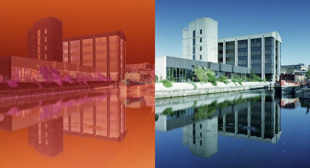 An office block in central Grimsby, UK from around 1980. Despite the strong red base tint, not difficult to get a good result.