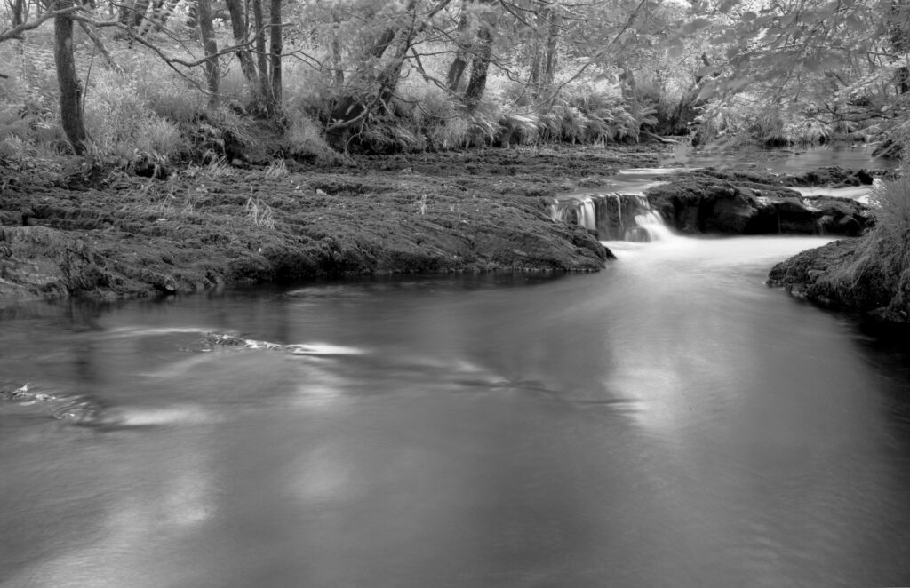 Black and white image of a river flowing.