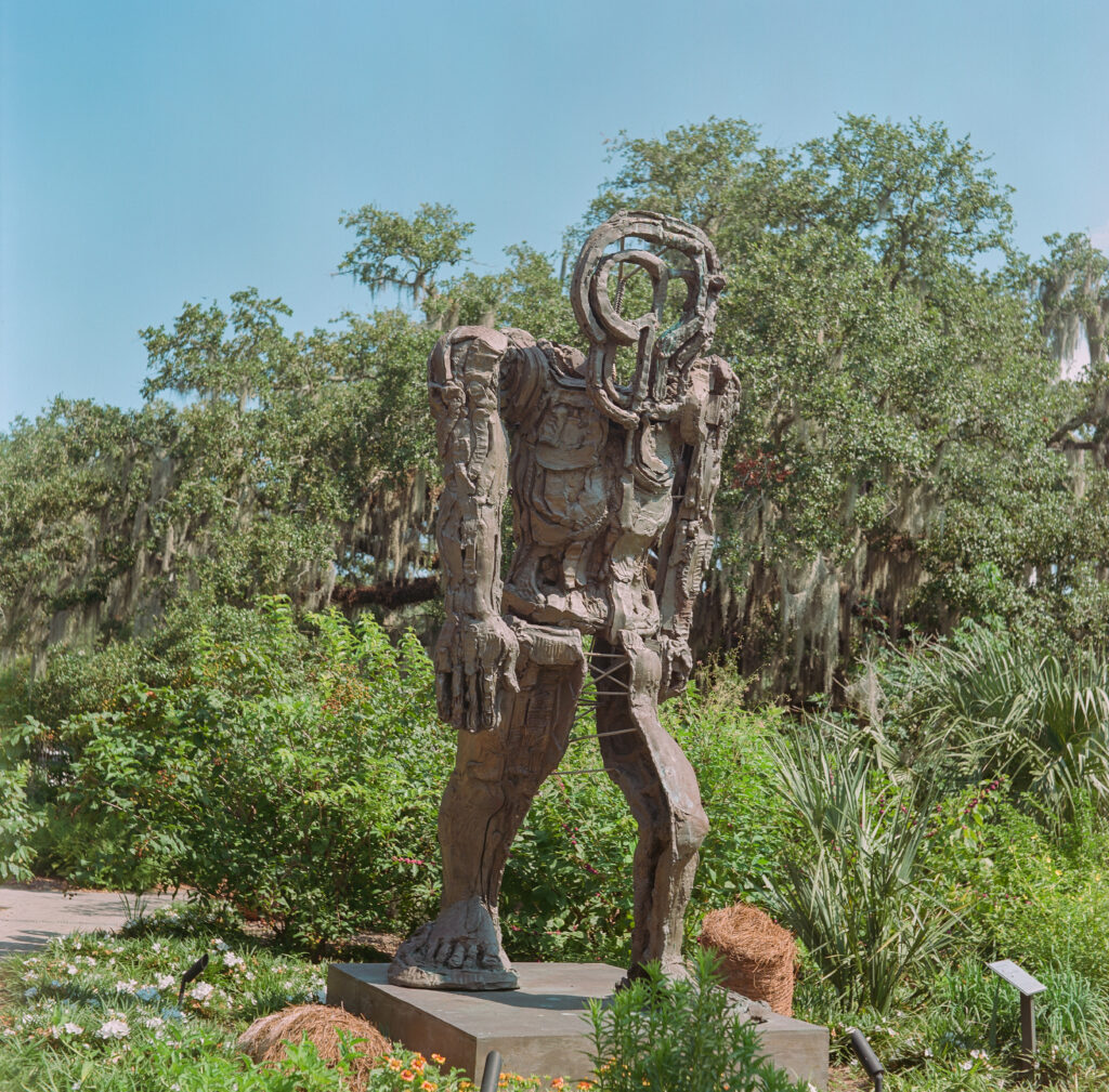 Large sculpture of a striding figure. NOMA sculpture garden. Minolta Autocord, Portra 160.