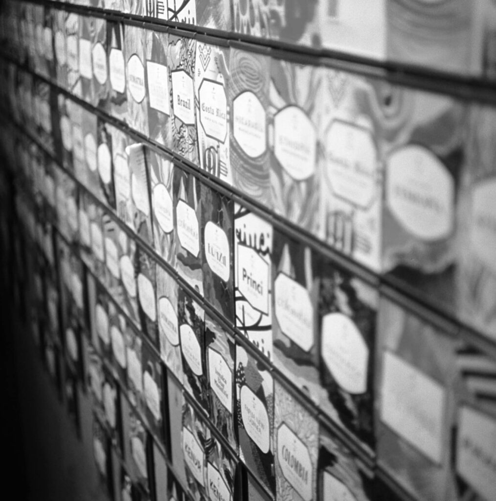 Wall of coffee labels at Starbucks, Chicago, IL