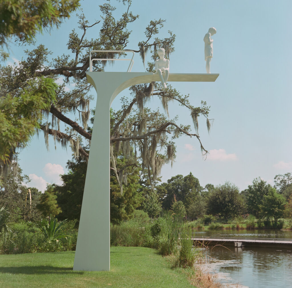 Sculpture of two children on a diving board. New Orleans City Park sculpture garden. Minolta Autocord, Portra 160.