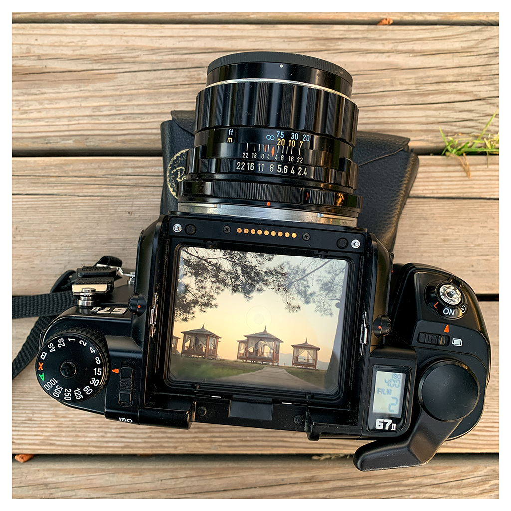 Beach cabanas seen on the ground glass of a Pentax 67II