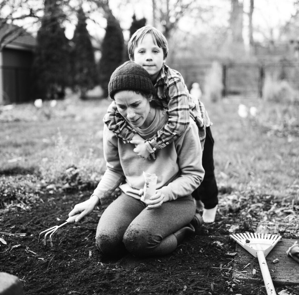 Boy on mother's back