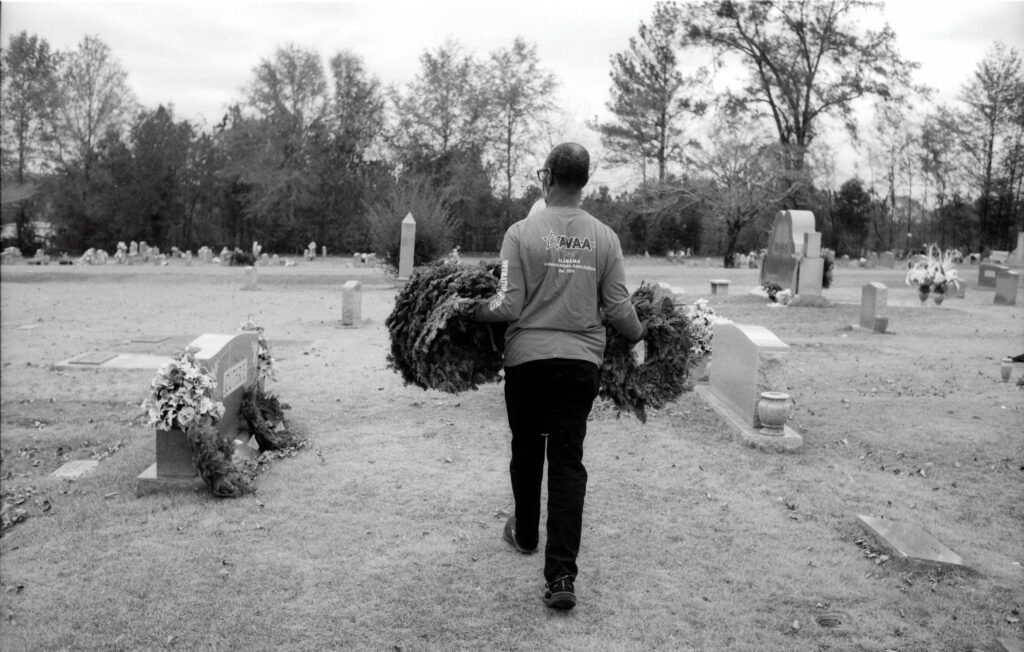 walking out with wreaths 