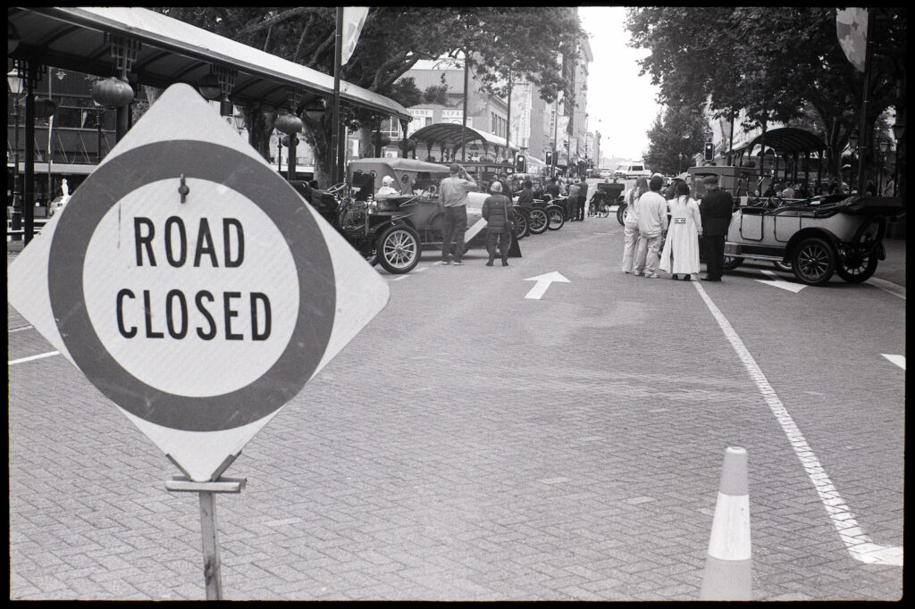 Road closed for the Brighton Run start in the Octagon, central Dunedin.