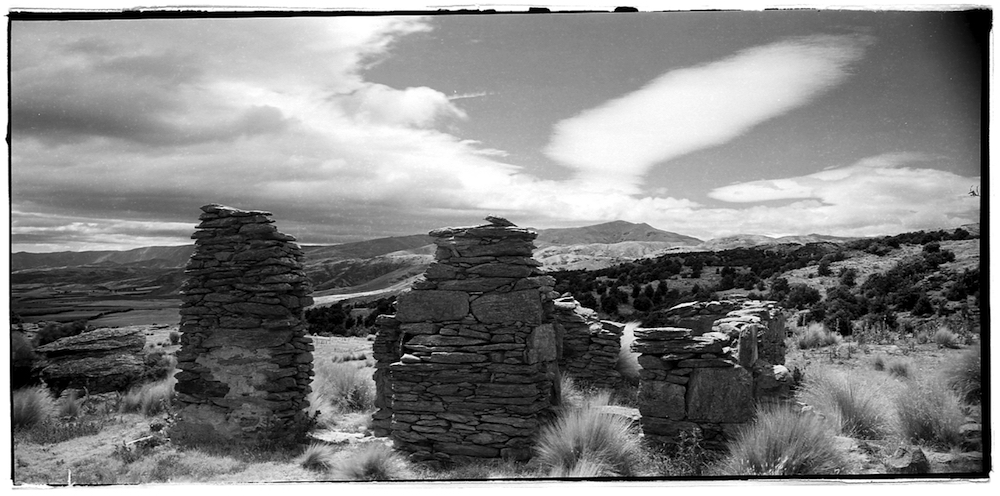 Ruins of a goldminer's cottage, Bendigo, New Zealand. 6x12 camera on FP4+ in Rodinal.