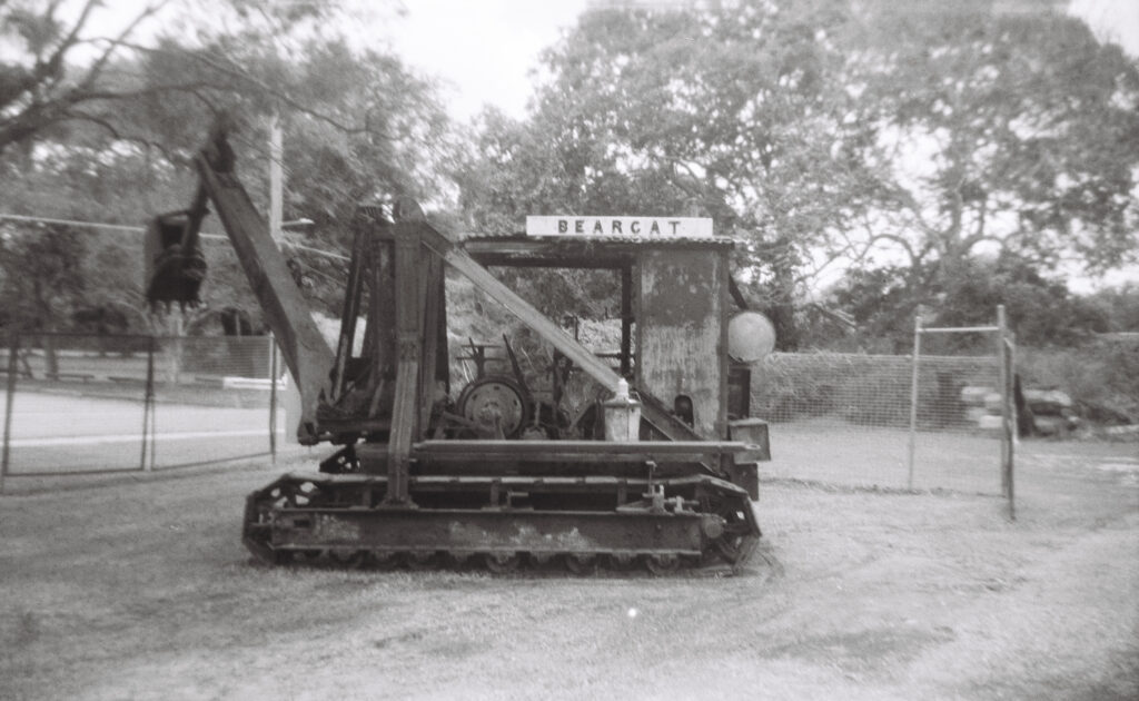 An old, rusted excavator