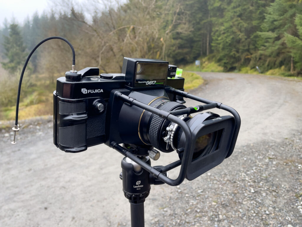 The Fujica G617 on a tripod, about to make our first 6x17 negative. An uninspiring picture of a small waterfall.